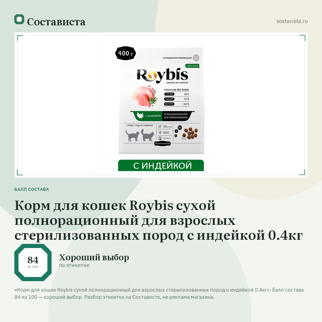 Корм для кошек Roybis сухой полнорационный для взрослых стерилизованных пород с индейкой 0.4кг: балл состава 84 из 100 — Состависта