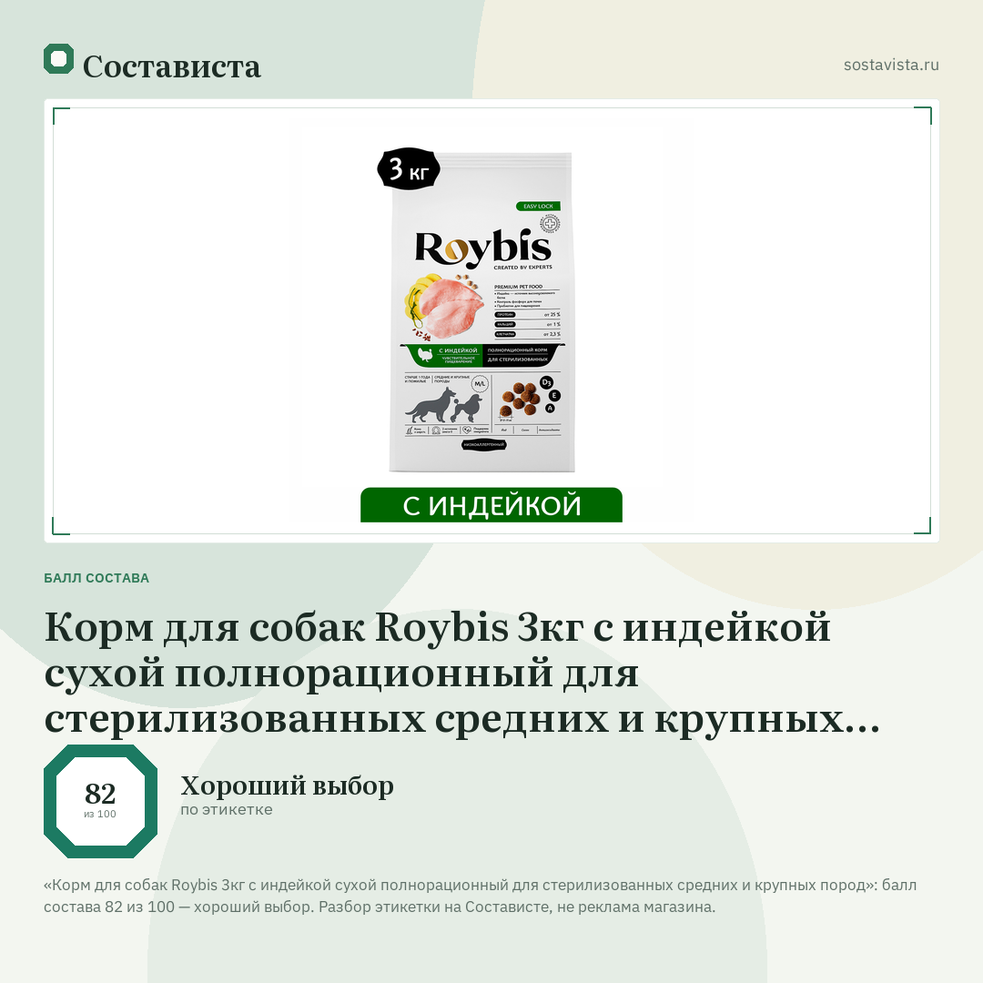 Корм для собак Roybis 3кг c индейкой сухой полнорационный для стерилизованных средних и крупных пород: балл состава 82 из 100 — Состависта