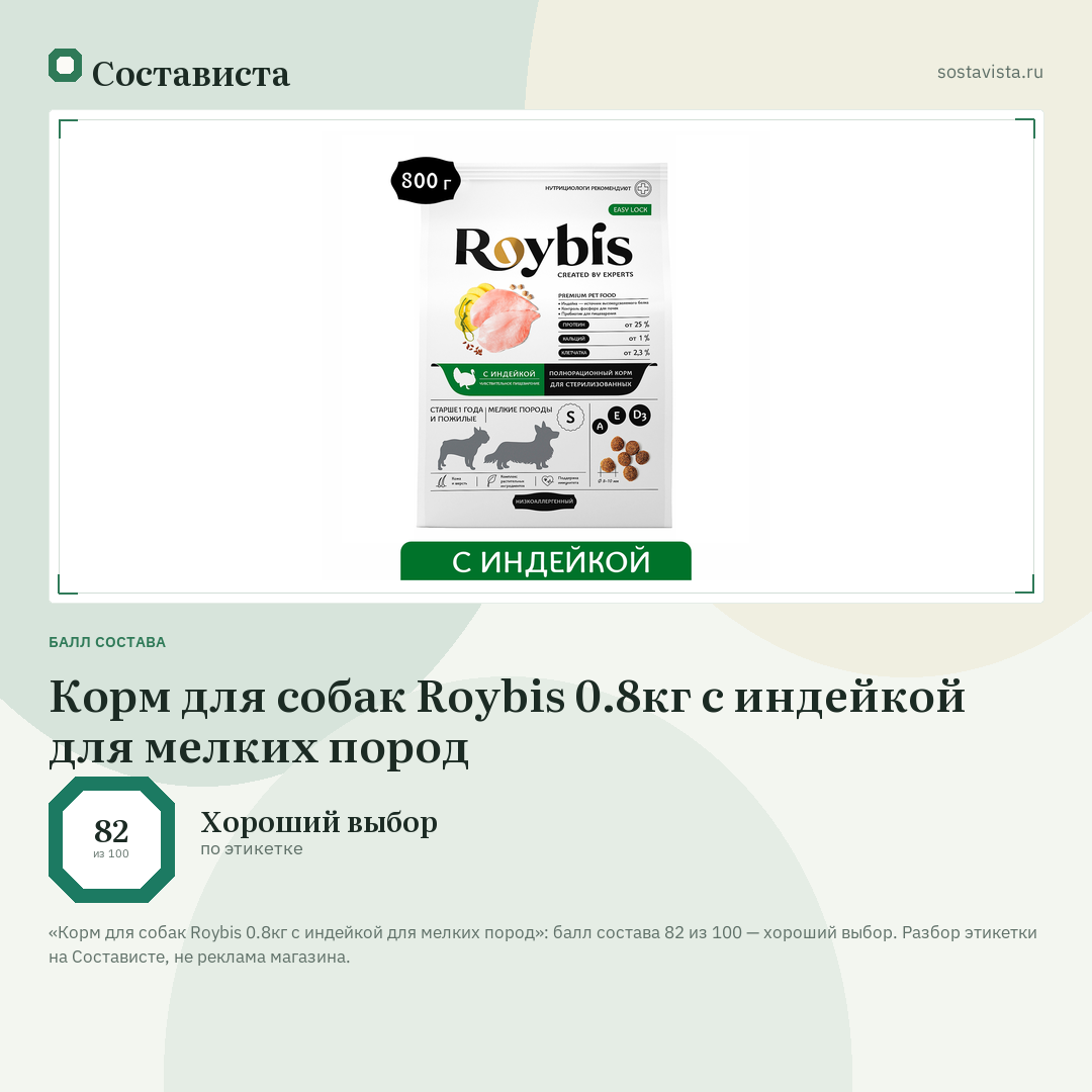 Корм для собак Roybis 0.8кг с индейкой для мелких пород: балл состава 82 из 100 — Состависта