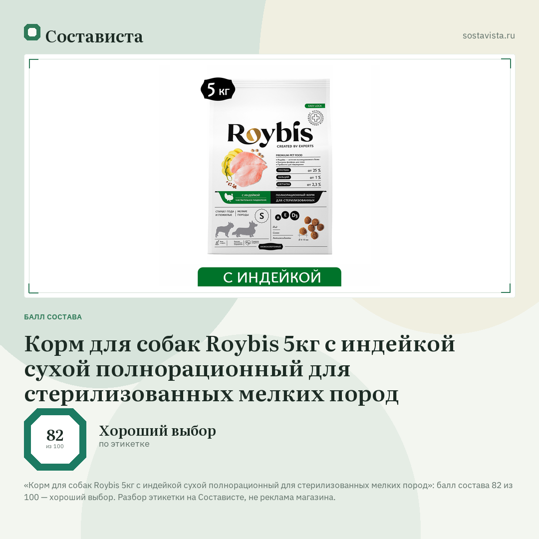 Корм для собак Roybis 5кг с индейкой сухой полнорационный для стерилизованных мелких пород: балл состава 82 из 100 — Состависта