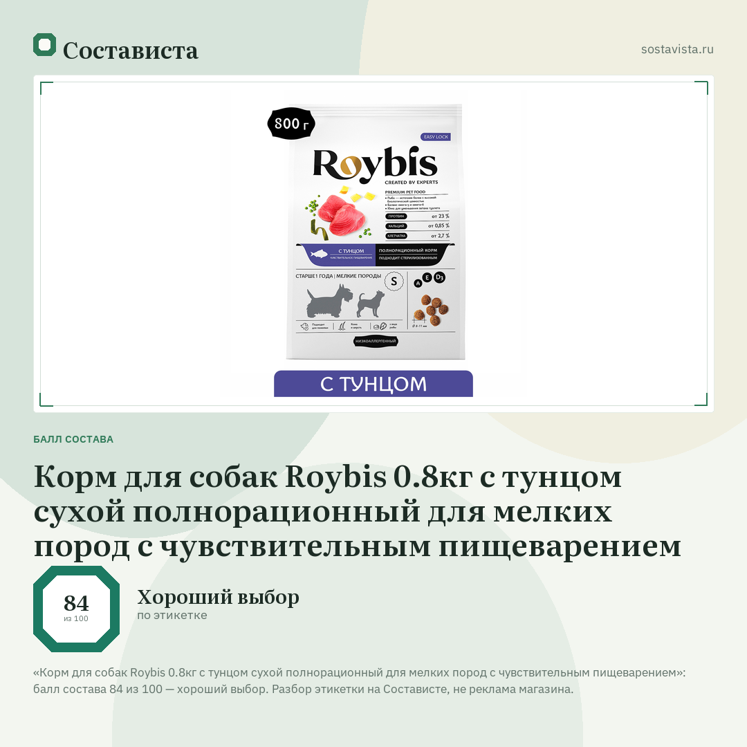 Корм для собак Roybis 0.8кг с тунцом сухой полнорационный для мелких пород с чувствительным пищеварением: балл состава 84 из 100 — Состависта