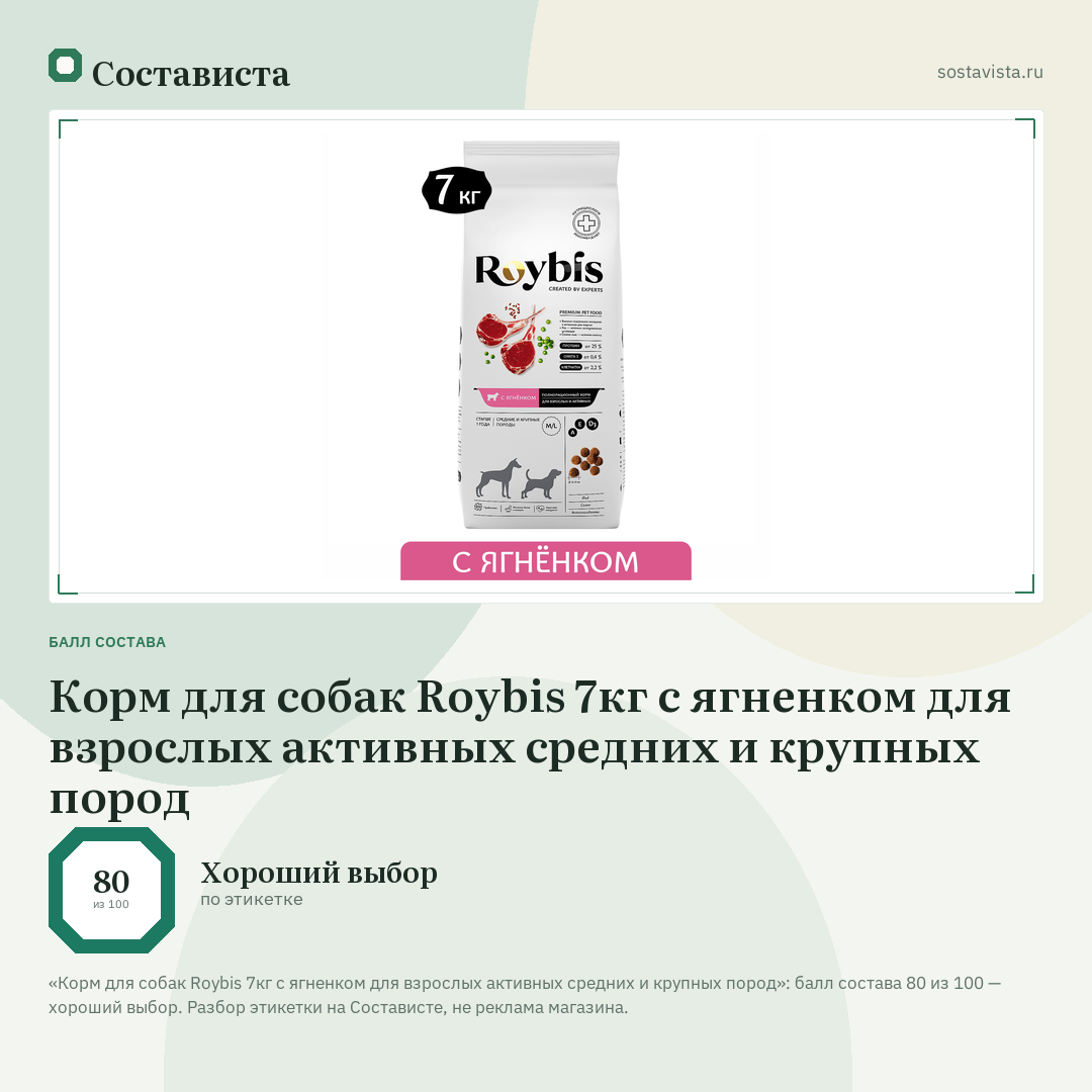 Корм для собак Roybis 7кг с ягненком для взрослых активных средних и крупных пород: балл состава 80 из 100 — Состависта