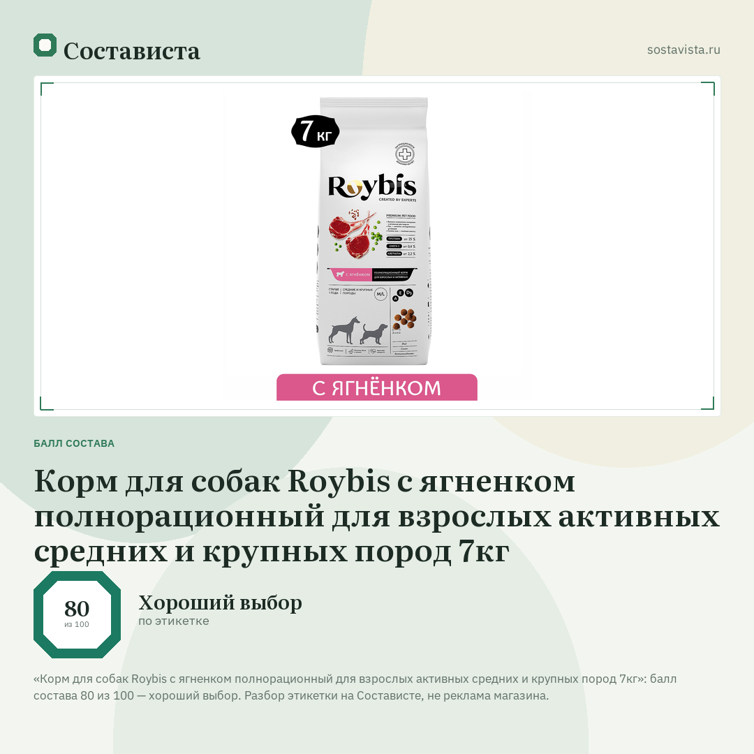 Корм для собак Roybis с ягненком полнорационный для взрослых активных средних и крупных пород 7кг: балл состава 80 из 100 — Состависта