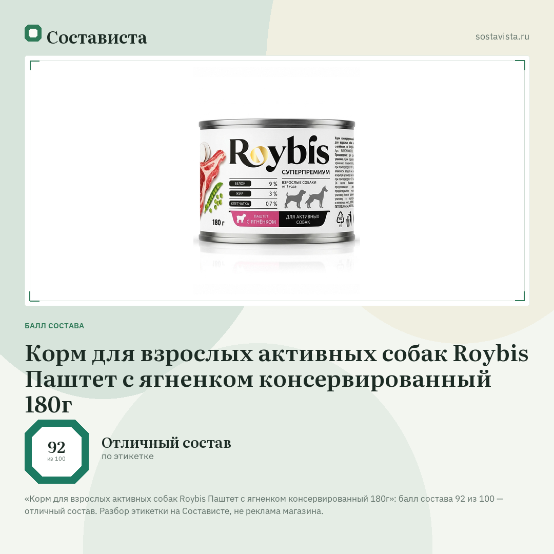 Корм для взрослых активных собак Roybis Паштет с ягненком консервированный 180г: балл состава 92 из 100 — Состависта