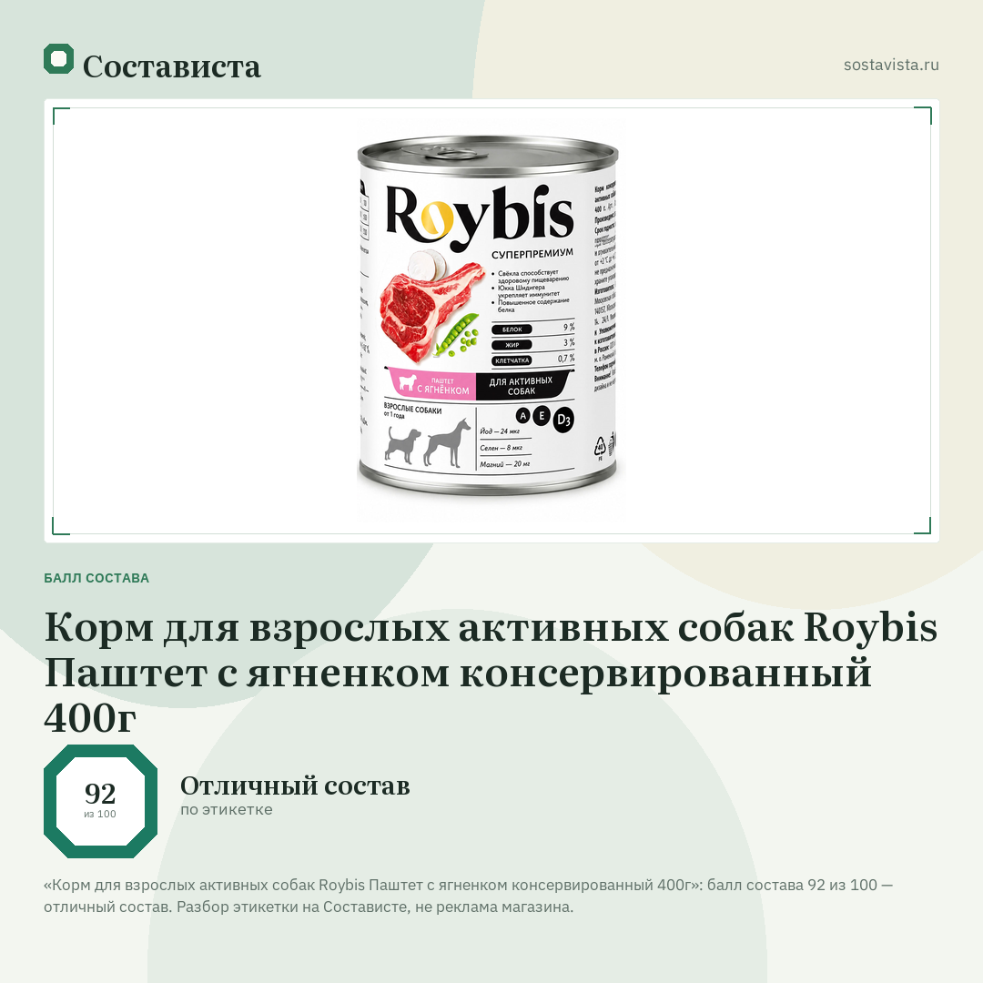Корм для взрослых активных собак Roybis Паштет с ягненком консервированный 400г: балл состава 92 из 100 — Состависта