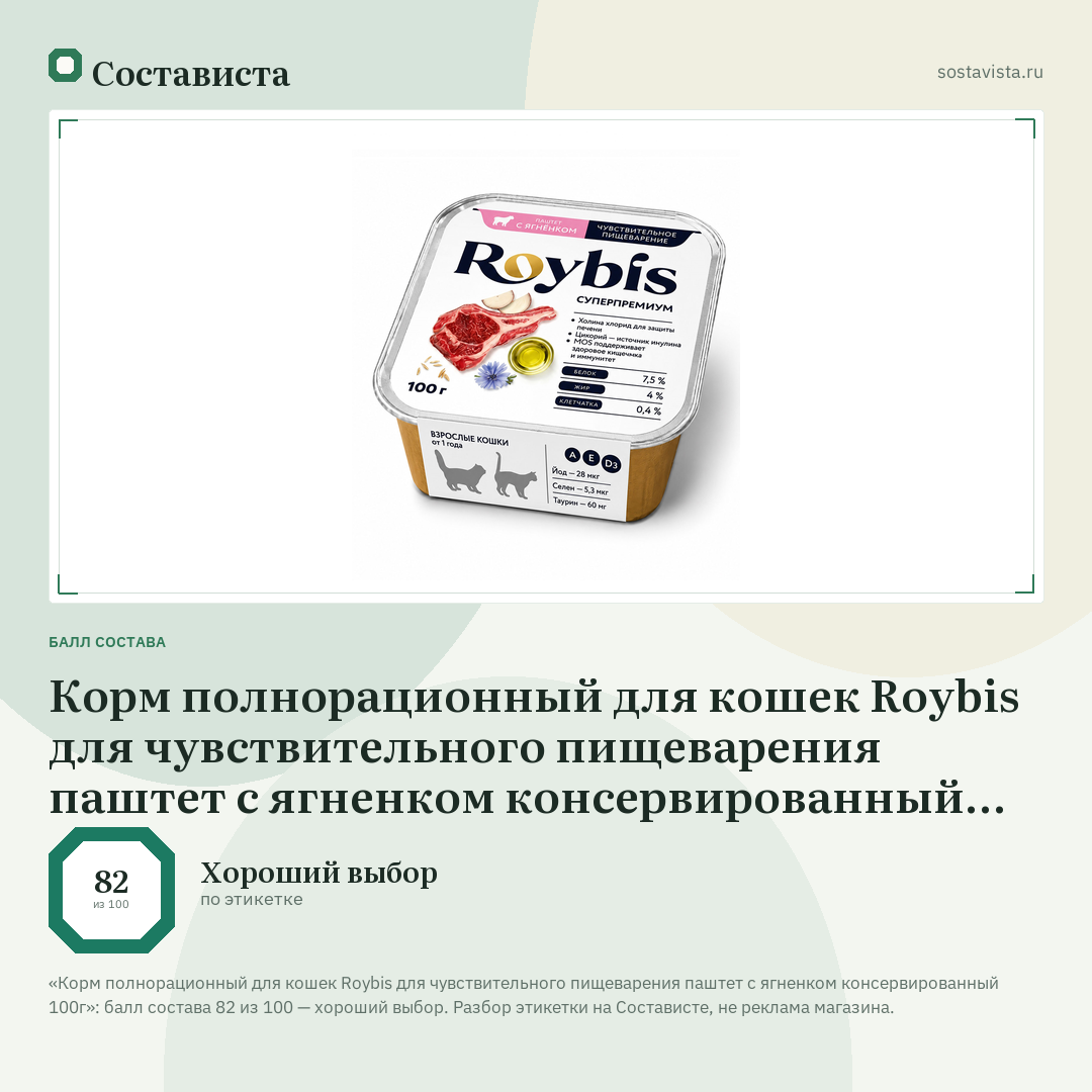 Корм полнорационный для кошек Roybis для чувствительного пищеварения паштет с ягненком консервированный 100г: балл состава 82 из 100 — Состависта