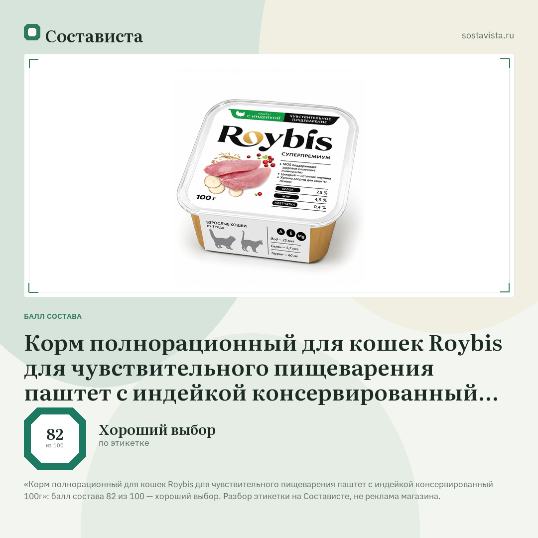 Корм полнорационный для кошек Roybis для чувствительного пищеварения паштет с индейкой консервированный 100г: балл состава 82 из 100 — Состависта
