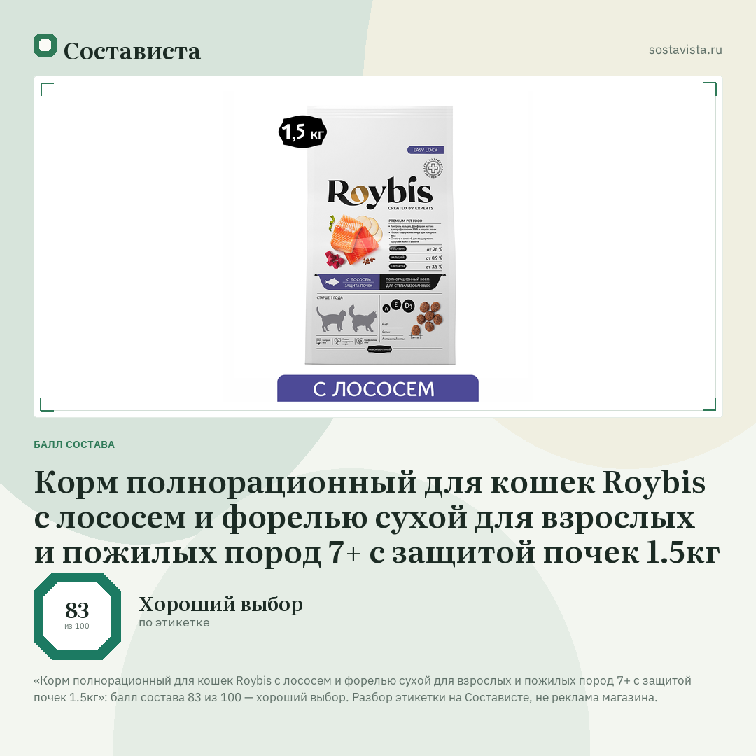 Корм полнорационный для кошек Roybis с лососем и форелью сухой для взрослых и пожилых пород 7+ с защитой почек 1.5кг: балл состава 83 из 100 — Состависта