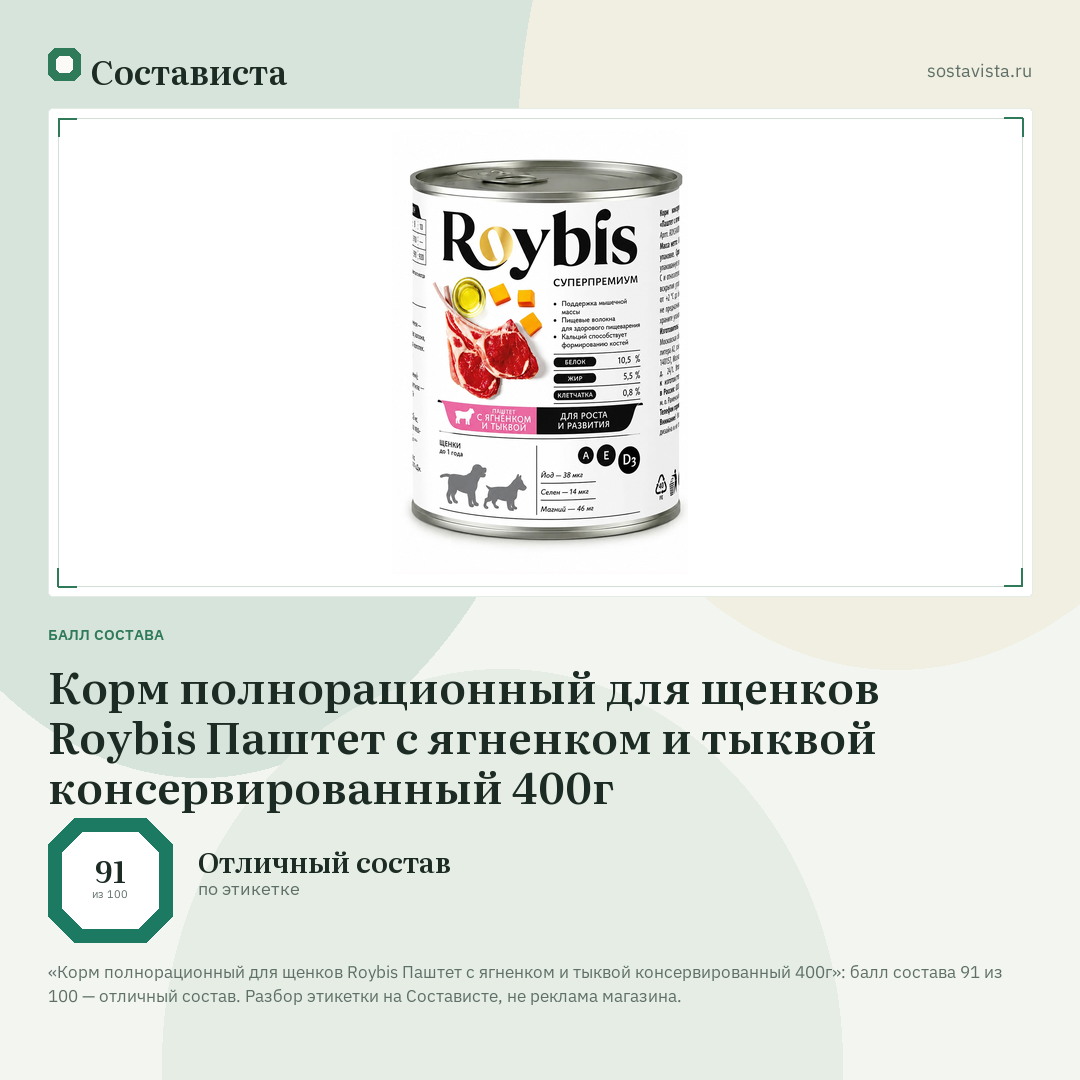 Корм полнорационный для щенков Roybis Паштет с ягненком и тыквой консервированный 400г: балл состава 91 из 100 — Состависта