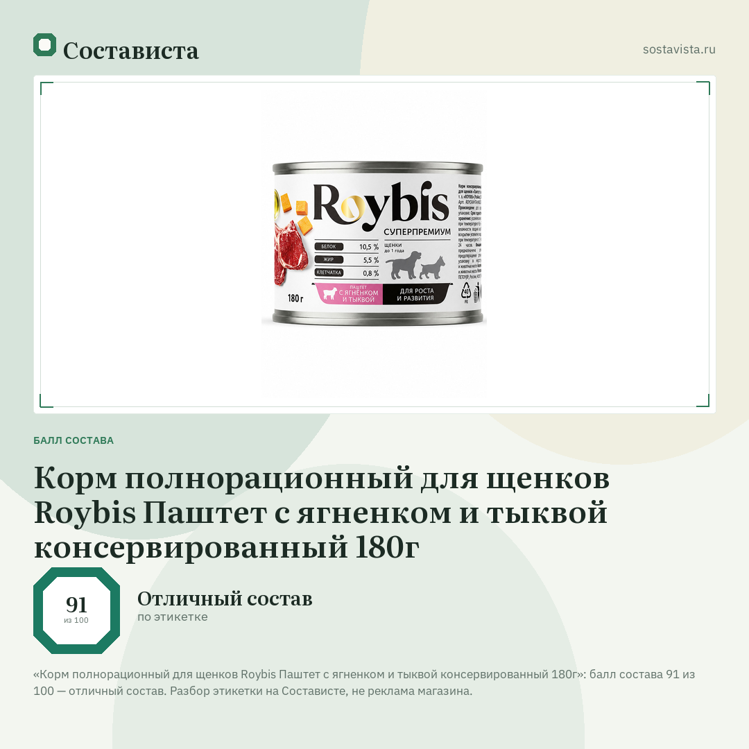 Корм полнорационный для щенков Roybis Паштет с ягненком и тыквой консервированный 180г: балл состава 91 из 100 — Состависта