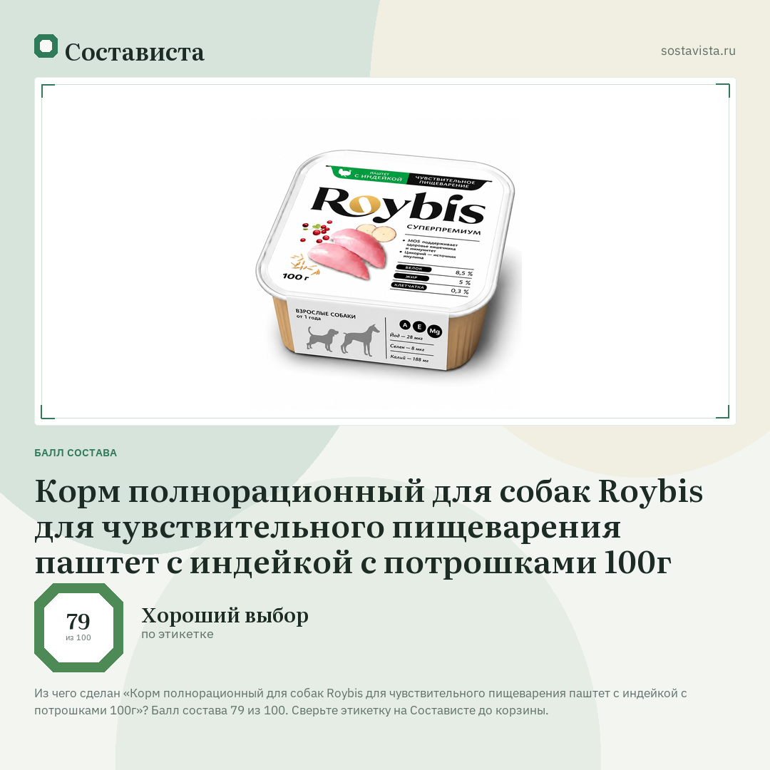 Корм полнорационный для собак Roybis для чувствительного пищеварения паштет с индейкой с потрошками 100г: балл состава 79 из 100 — Состависта