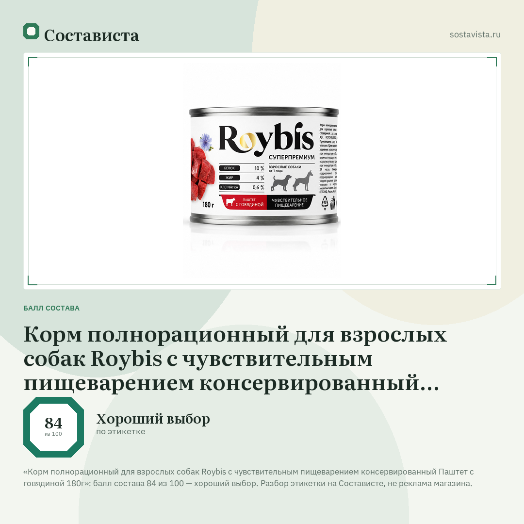 Корм полнорационный для взрослых собак Roybis с чувствительным пищеварением консервированный Паштет с говядиной 180г: балл состава 84 из 100 — Состависта