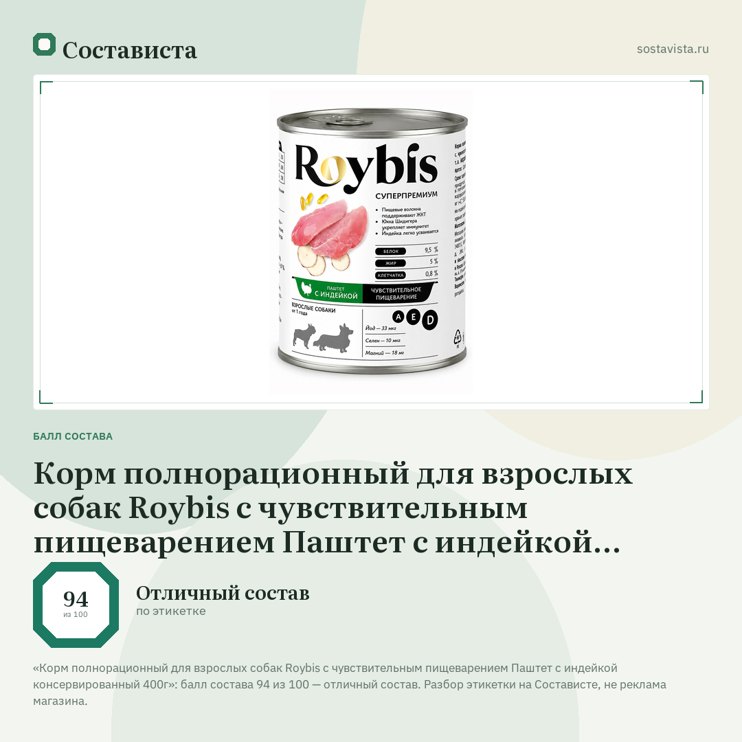 Корм полнорационный для взрослых собак Roybis с чувствительным пищеварением Паштет с индейкой консервированный 400г: балл состава 94 из 100 — Состависта