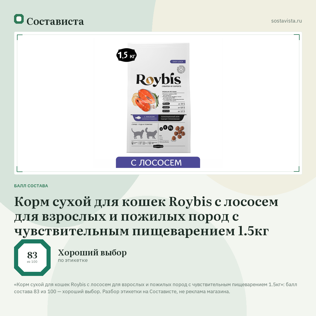 Корм сухой для кошек Roybis с лососем для взрослых и пожилых пород с чувствительным пищеварением 1.5кг: балл состава 83 из 100 — Состависта