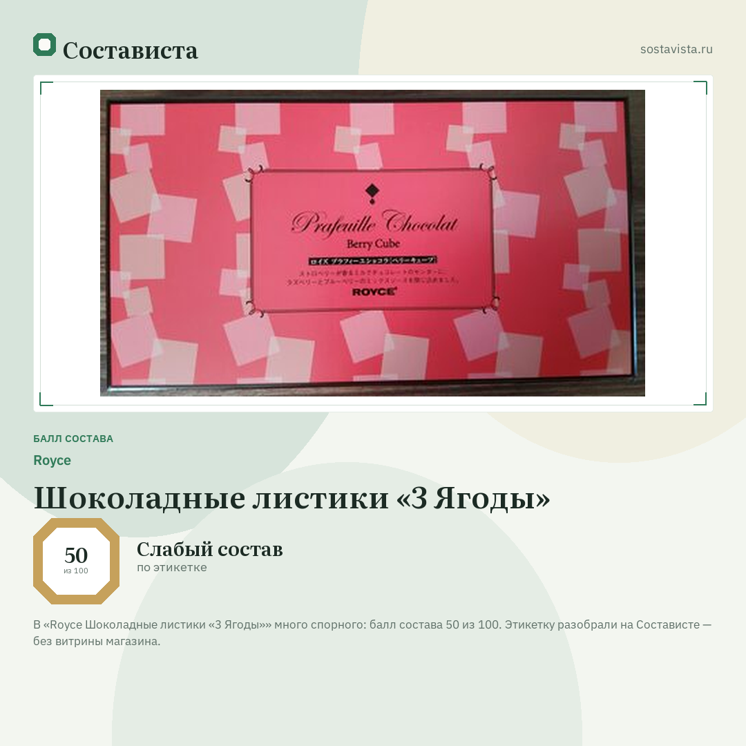 Royce Шоколадные листики «3 Ягоды»: балл состава 50 из 100 — Состависта
