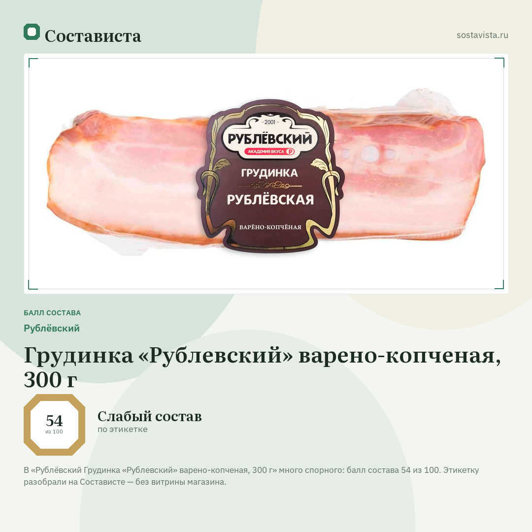 Рублёвский Грудинка «Рублевский» варено-копченая, 300 г: балл состава 54 из 100 — Состависта