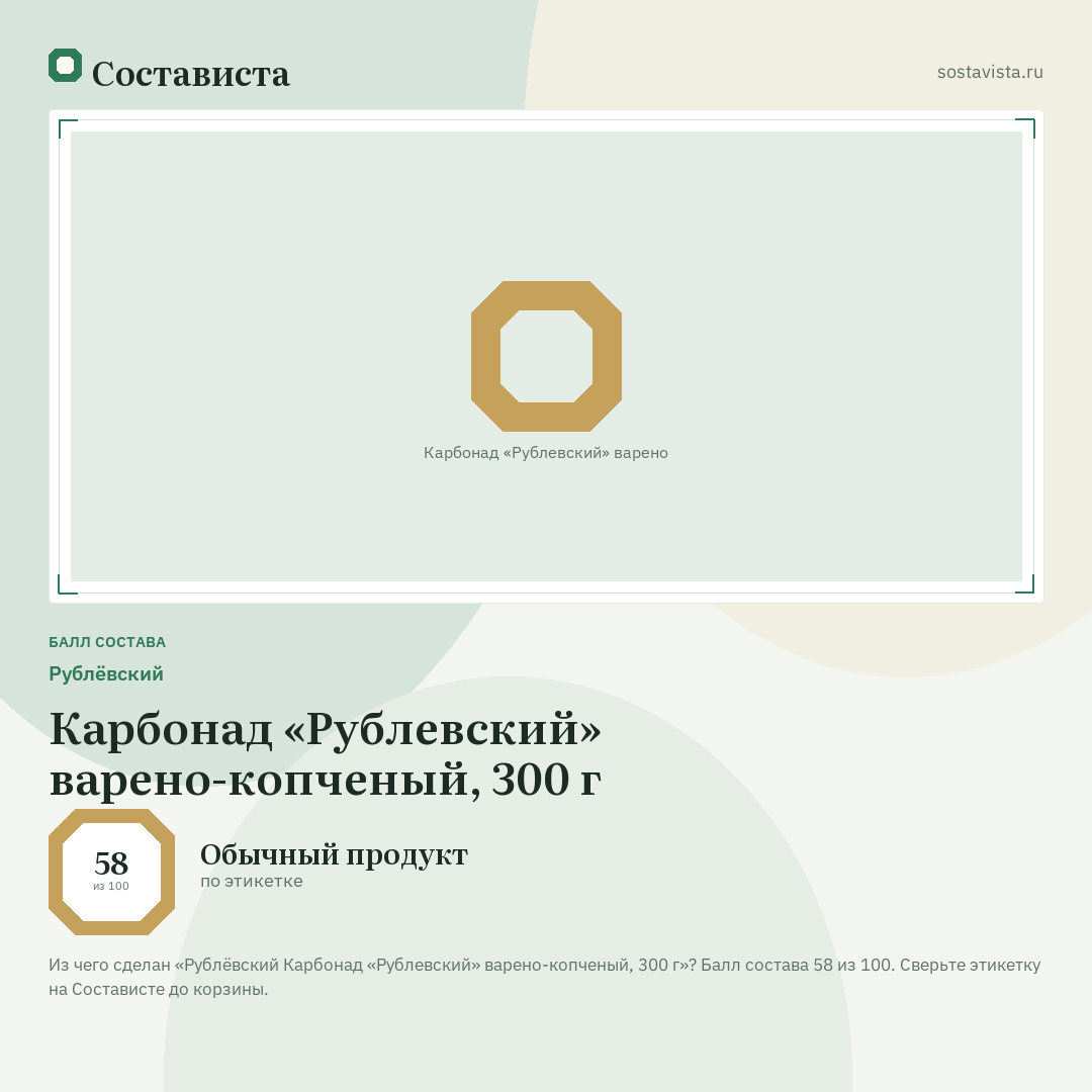 Рублёвский Карбонад «Рублевский» варено-копченый, 300 г: балл состава 58 из 100 — Состависта