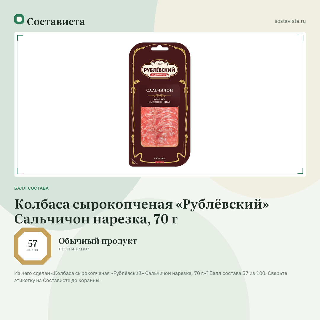 Колбаса сырокопченая «Рублёвский» Сальчичон нарезка, 70 г: балл состава 57 из 100 — Состависта