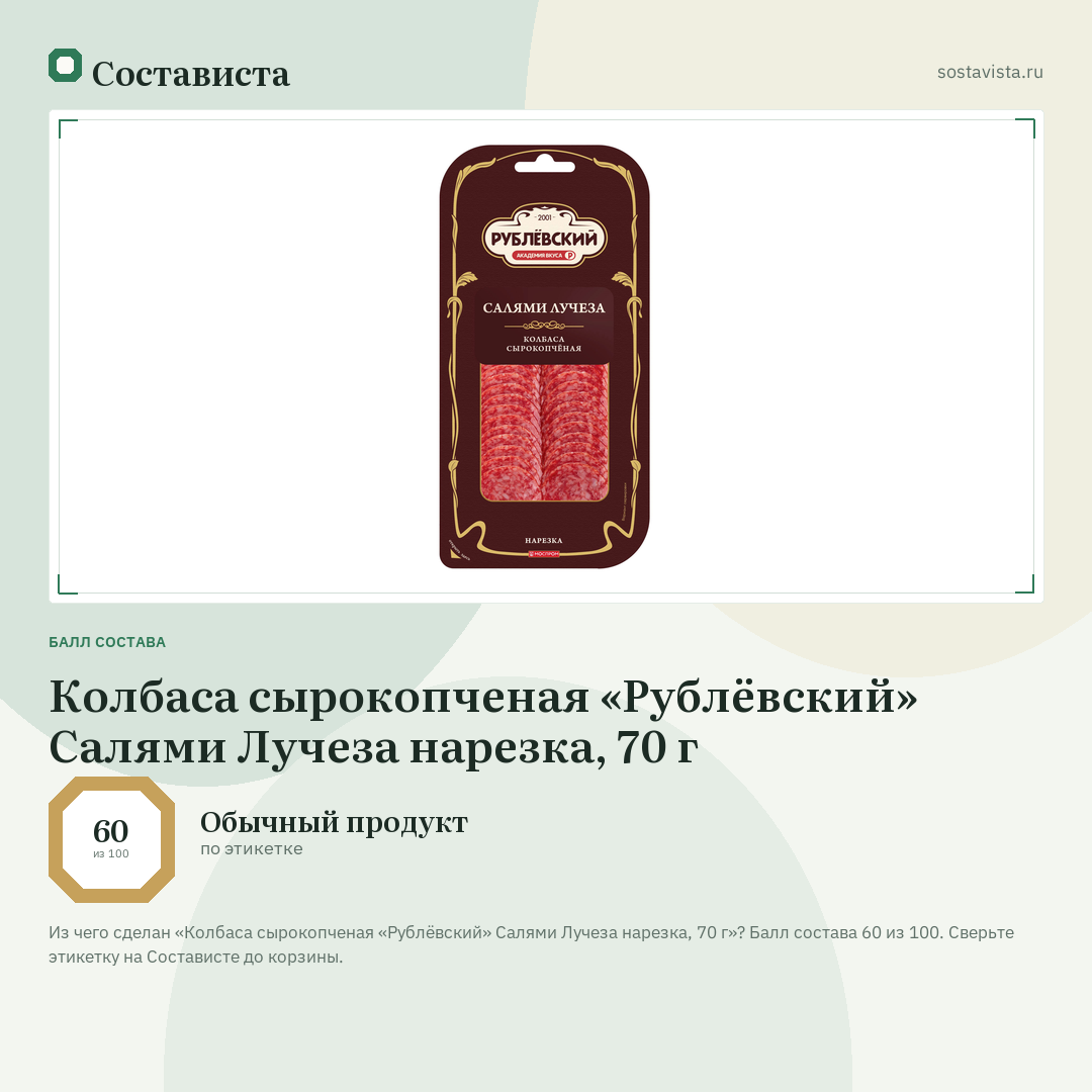 Колбаса сырокопченая «Рублёвский» Салями Лучеза нарезка, 70 г: балл состава 60 из 100 — Состависта