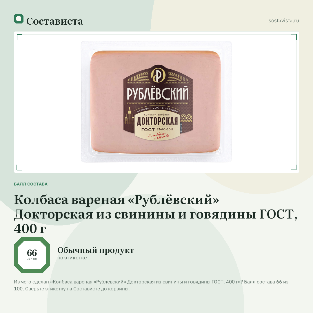 Колбаса вареная «Рублёвский» Докторская из свинины и говядины ГОСТ, 400 г: балл состава 66 из 100 — Состависта