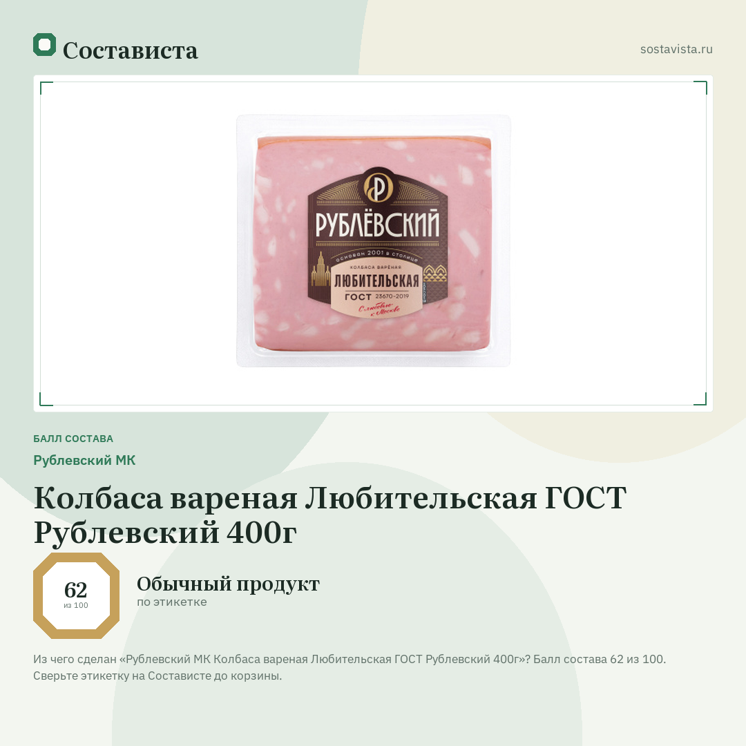 Рублевский МК Колбаса вареная Любительская ГОСТ Рублевский 400г: балл состава 62 из 100 — Состависта