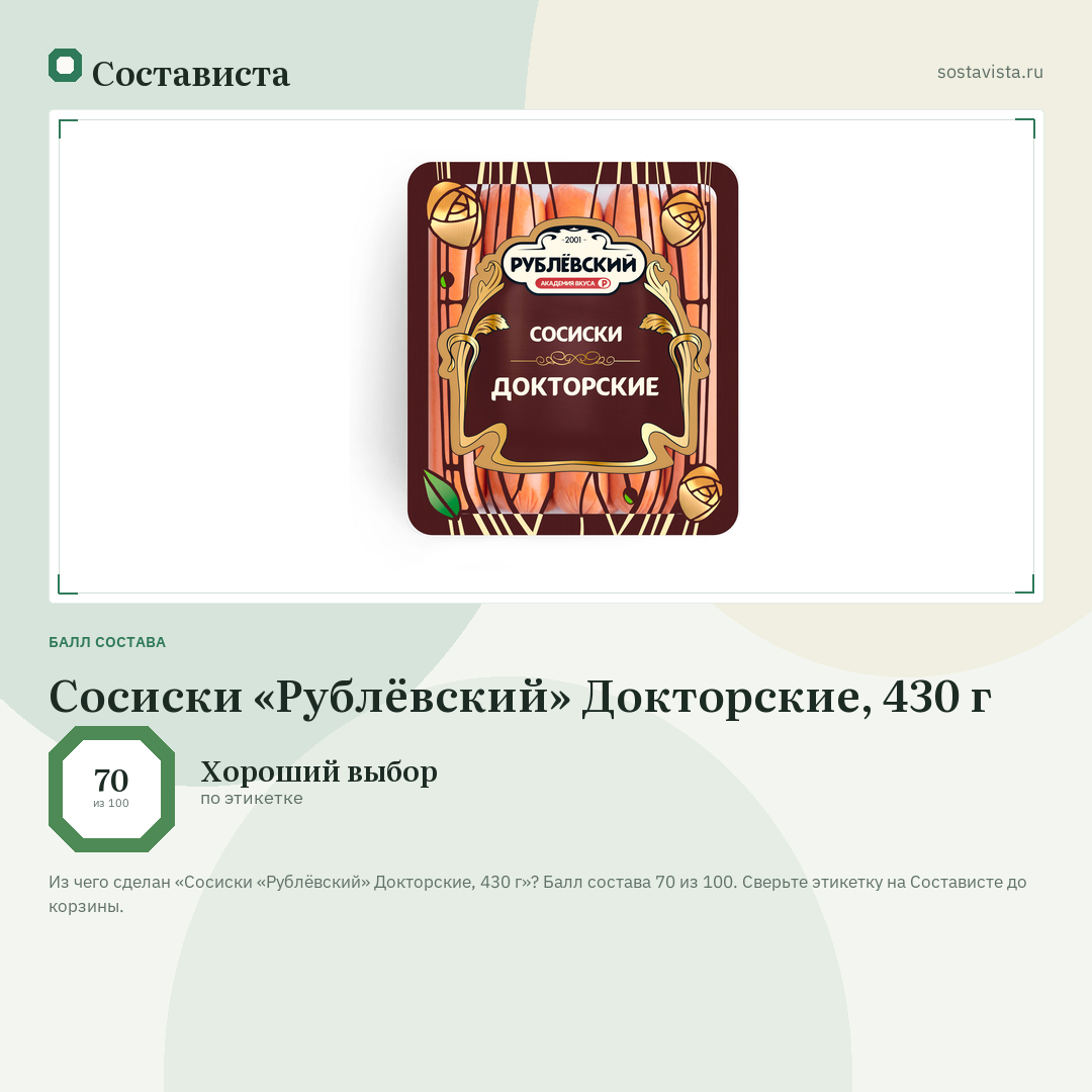Сосиски «Рублёвский» Докторские, 430 г: балл состава 70 из 100 — Состависта