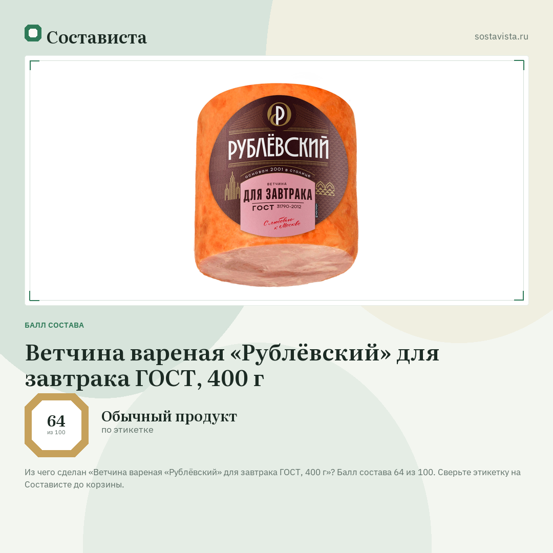 Ветчина вареная «Рублёвский» для завтрака ГОСТ, 400 г: балл состава 64 из 100 — Состависта