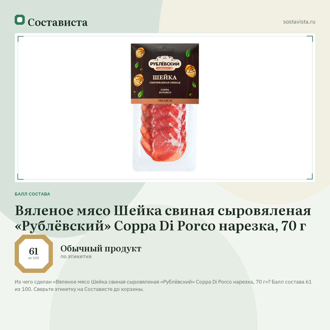 Вяленое мясо Шейка свиная сыровяленая «Рублёвский» Coppa Di Porco нарезка, 70 г: балл состава 61 из 100 — Состависта