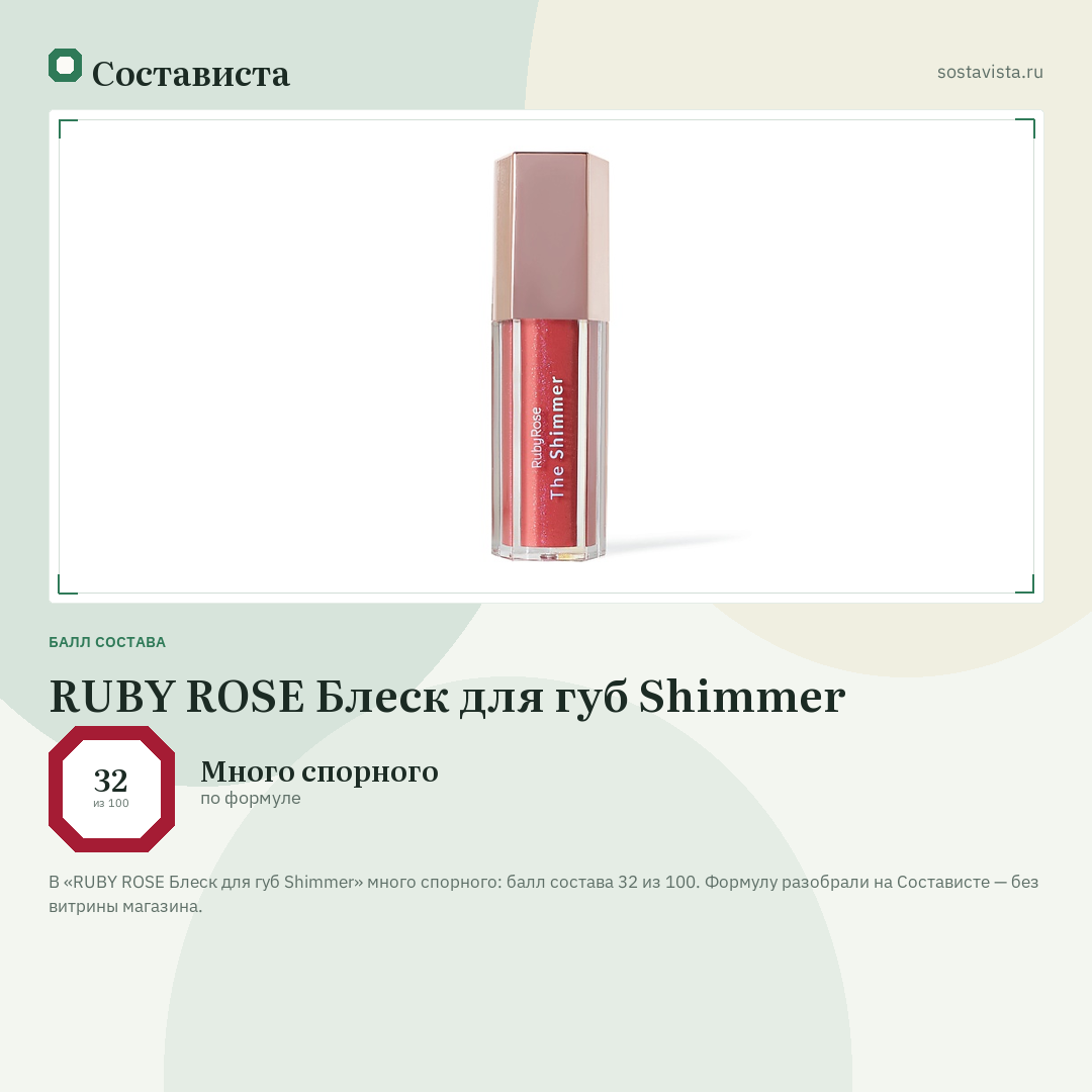 RUBY ROSE Блеск для губ Shimmer: балл состава 32 из 100 — Состависта