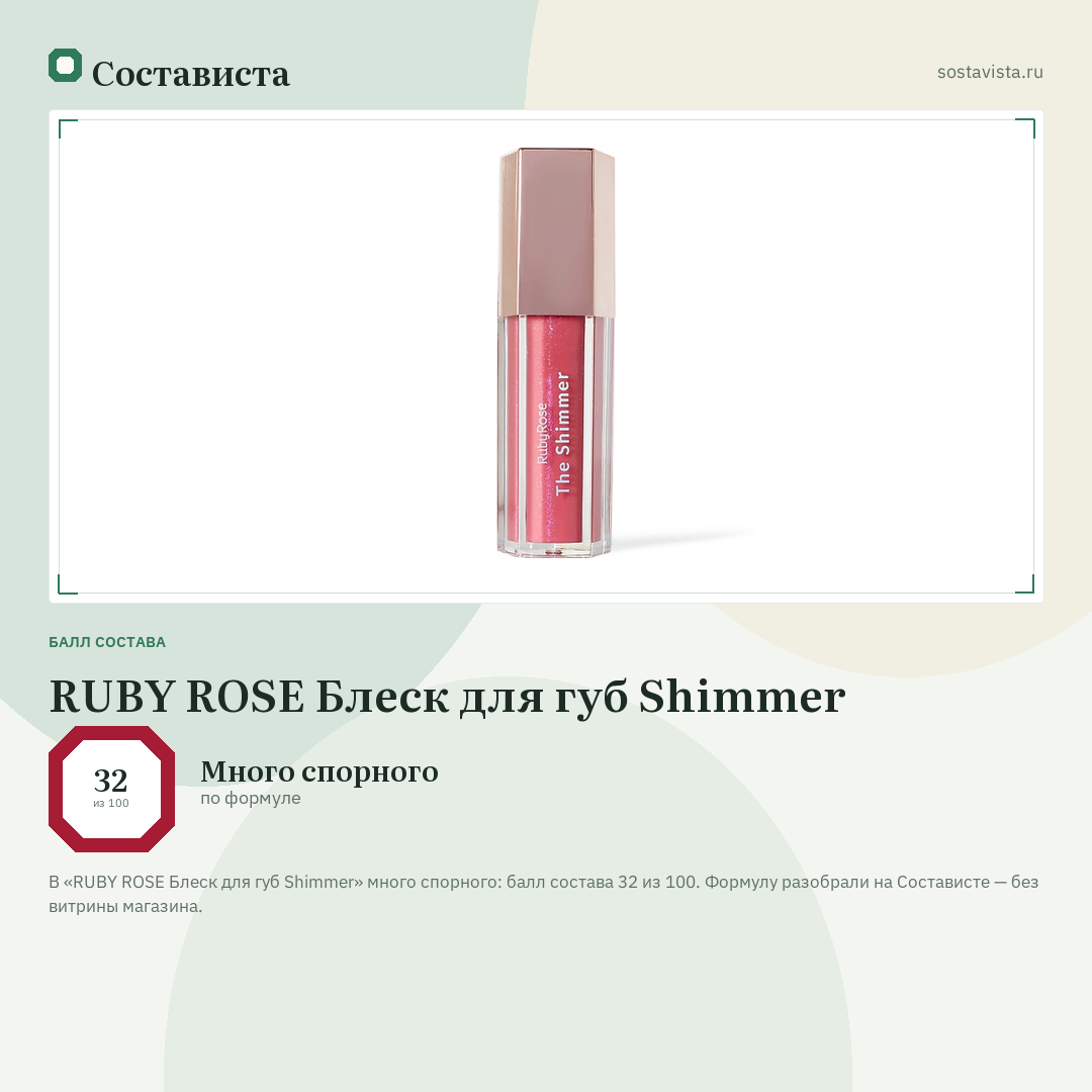 RUBY ROSE Блеск для губ Shimmer: балл состава 32 из 100 — Состависта