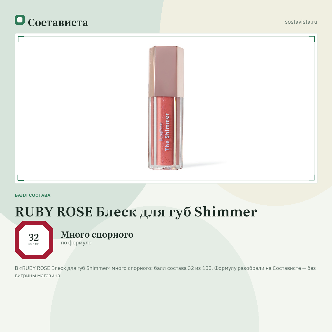 RUBY ROSE Блеск для губ Shimmer: балл состава 32 из 100 — Состависта