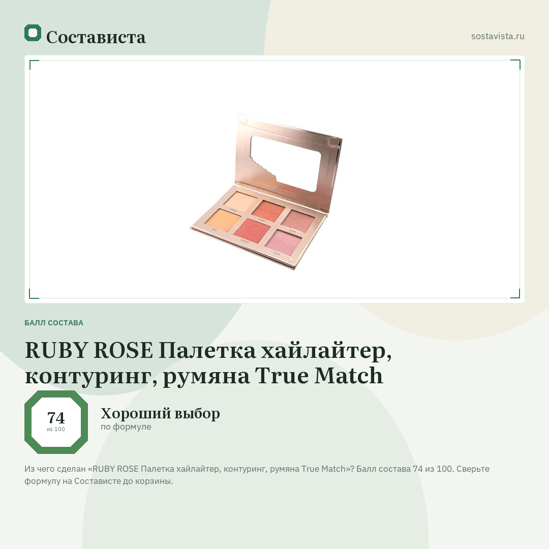 RUBY ROSE Палетка хайлайтер, контуринг, румяна True Match: балл состава 74 из 100 — Состависта