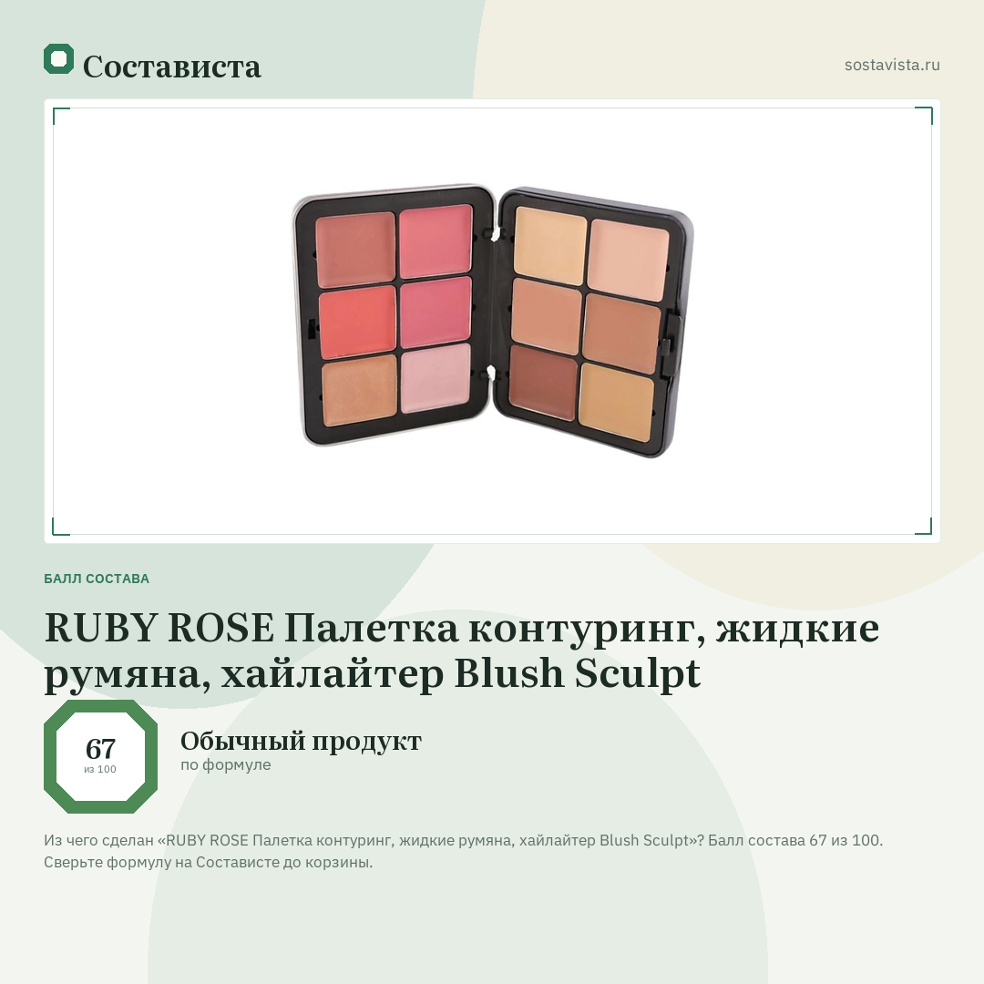 RUBY ROSE Палетка контуринг, жидкие румяна, хайлайтер Blush Sculpt: балл состава 67 из 100 — Состависта