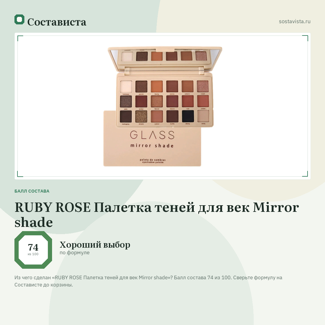 RUBY ROSE Палетка теней для век Mirror shade: балл состава 74 из 100 — Состависта