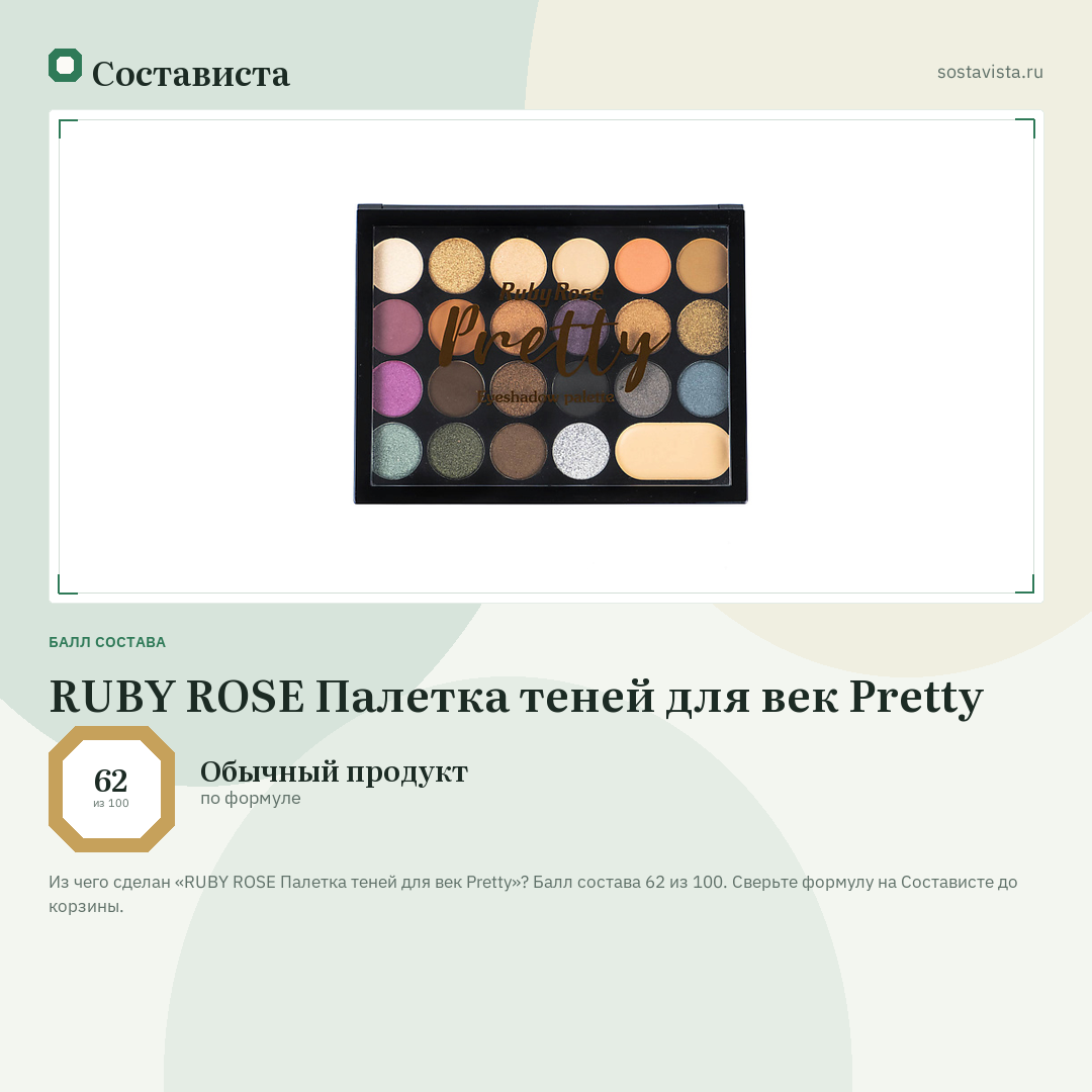 RUBY ROSE Палетка теней для век Pretty: балл состава 62 из 100 — Состависта