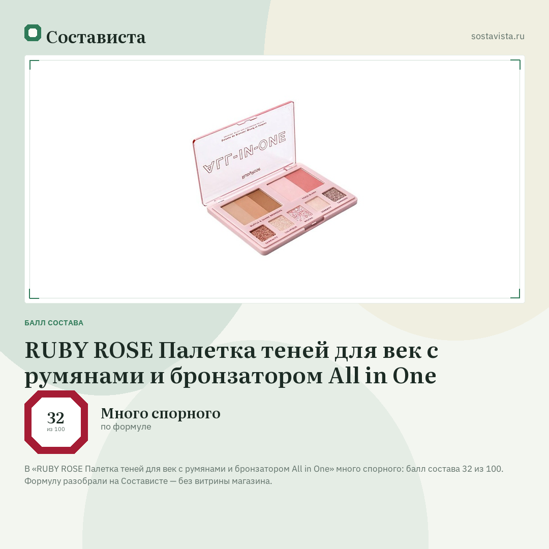 RUBY ROSE Палетка теней для век с румянами и бронзатором All in One: балл состава 32 из 100 — Состависта