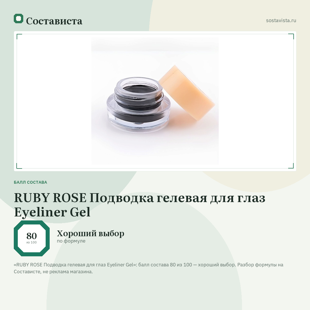 RUBY ROSE Подводка гелевая для глаз Eyeliner Gel: балл состава 80 из 100 — Состависта