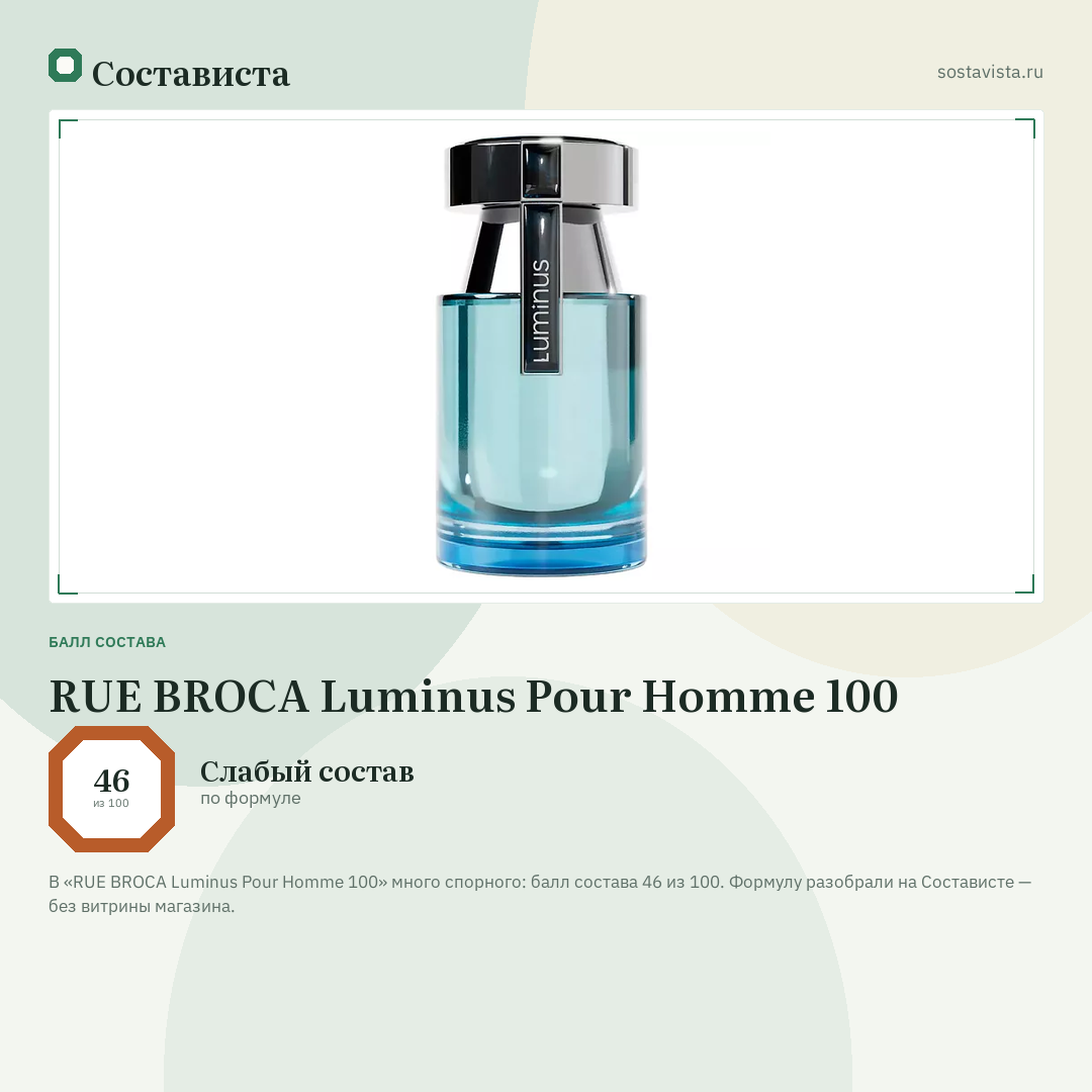 RUE BROCA Luminus Pour Homme 100: балл состава 46 из 100 — Состависта