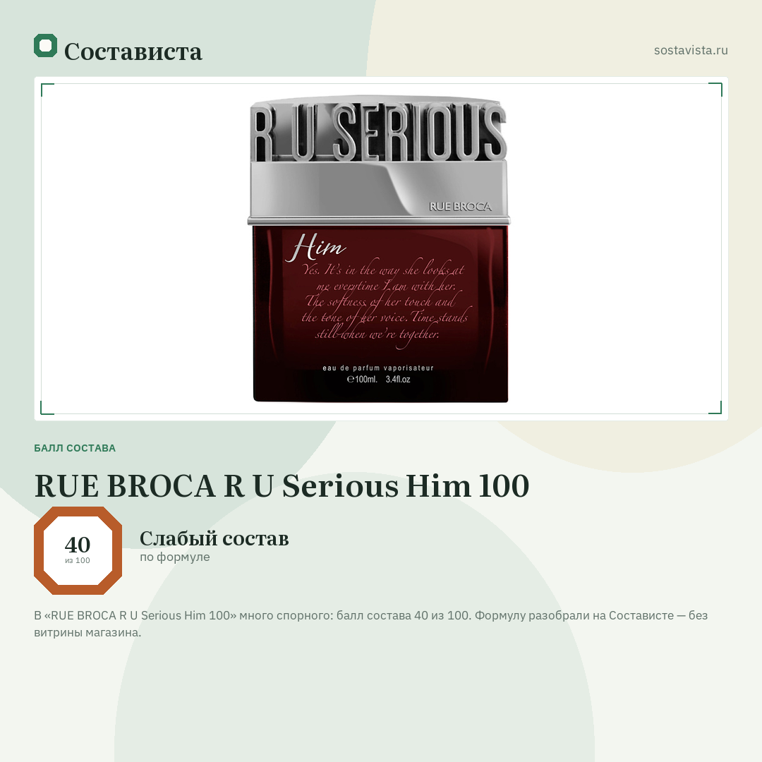 RUE BROCA R U Serious Him 100: балл состава 40 из 100 — Состависта