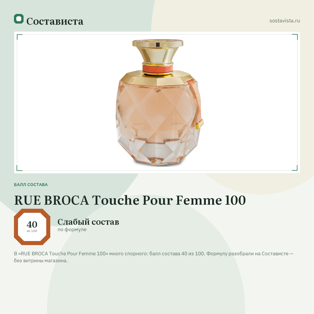 RUE BROCA Touche Pour Femme 100: балл состава 40 из 100 — Состависта
