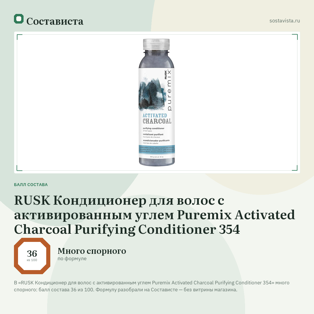 RUSK Кондиционер для волос с активированным углем Puremix Activated Charcoal Purifying Conditioner 354: балл состава 36 из 100 — Состависта