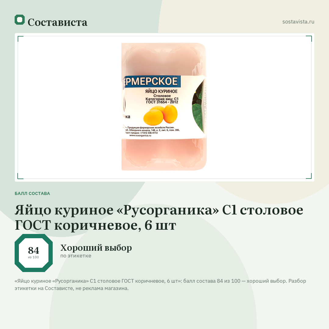 Яйцо куриное «Русорганика» С1 столовое ГОСТ коричневое, 6 шт: балл состава 84 из 100 — Состависта
