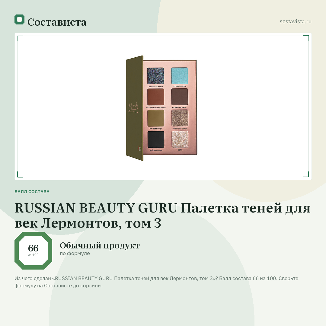 RUSSIAN BEAUTY GURU Палетка теней для век Лермонтов, том 3: балл состава 66 из 100 — Состависта