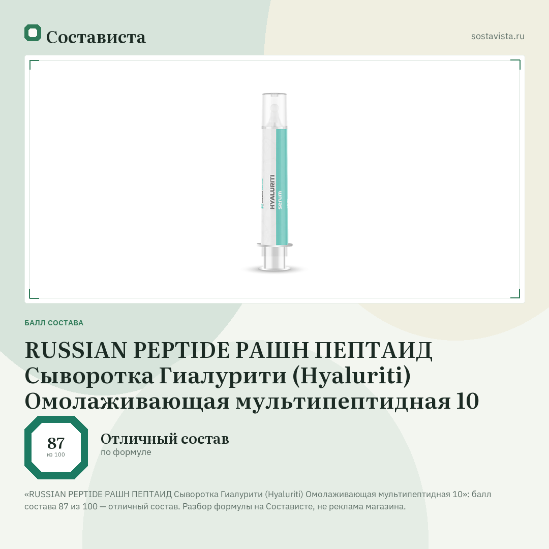 RUSSIAN PEPTIDE РАШН ПЕПТАИД Сыворотка Гиалурити (Hyaluriti) Омолаживающая мультипептидная 10: балл состава 87 из 100 — Состависта