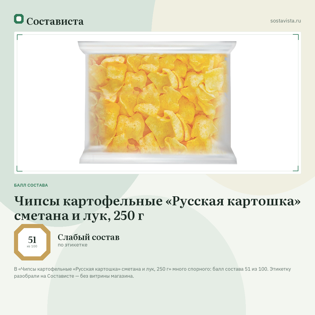 Чипсы картофельные «Русская картошка» сметана и лук, 250 г: балл состава 51 из 100 — Состависта