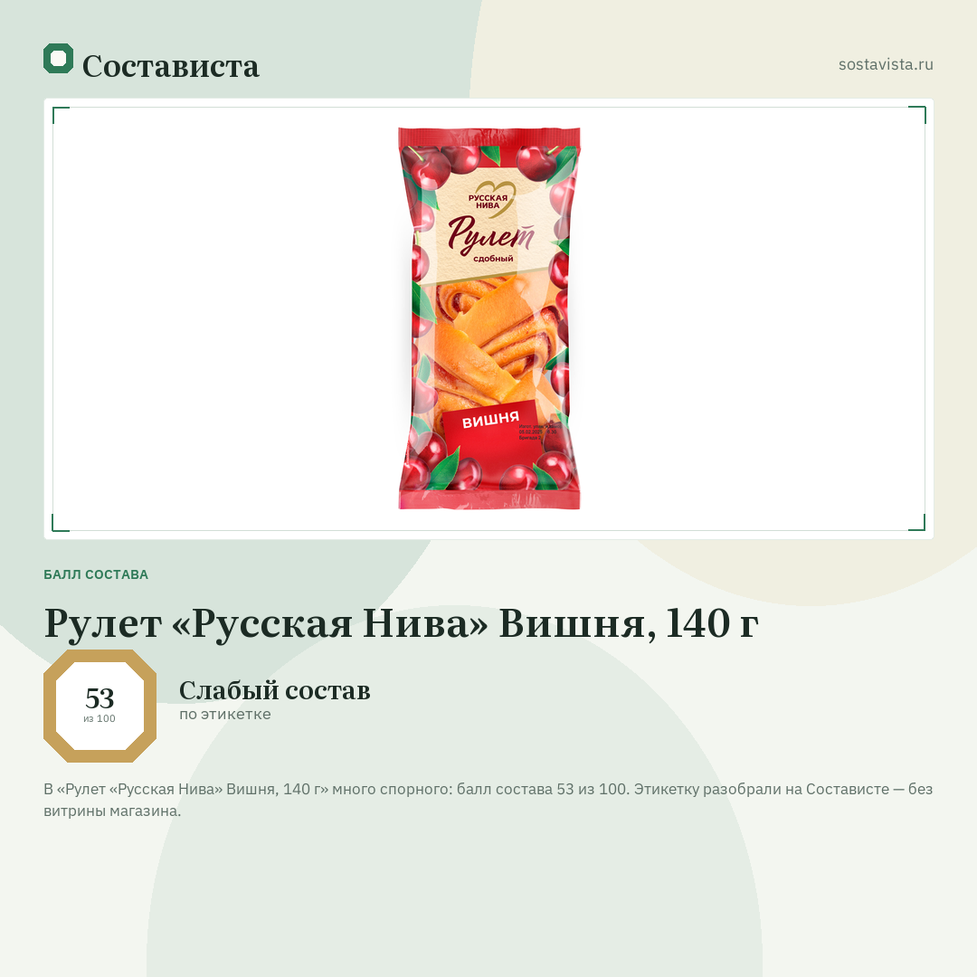 Рулет «Русская Нива» Вишня, 140 г: балл состава 53 из 100 — Состависта