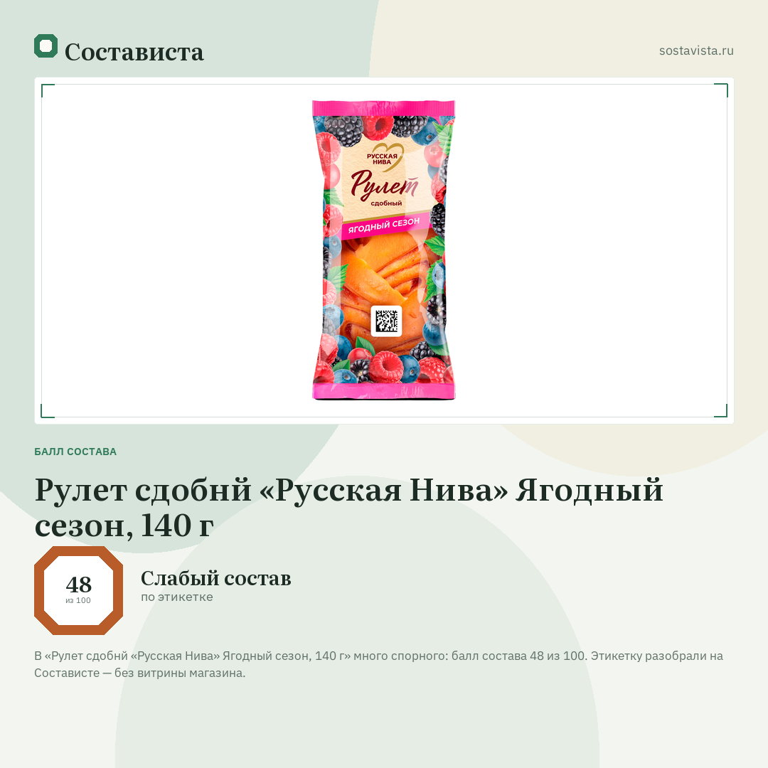 Рулет сдобнй «Русская Нива» Ягодный сезон, 140 г: балл состава 48 из 100 — Состависта