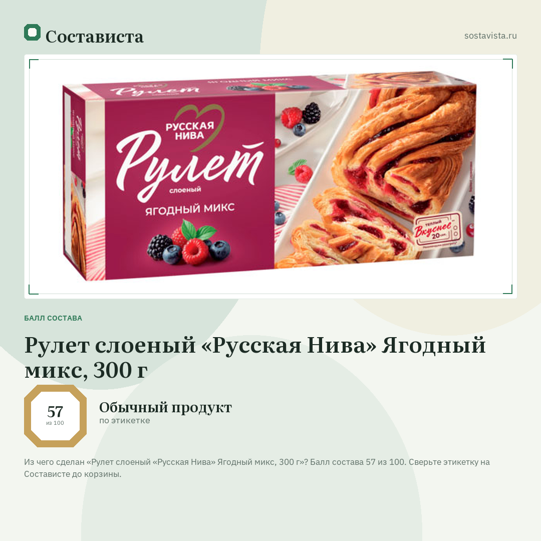 Рулет слоеный «Русская Нива» Ягодный микс, 300 г: балл состава 57 из 100 — Состависта