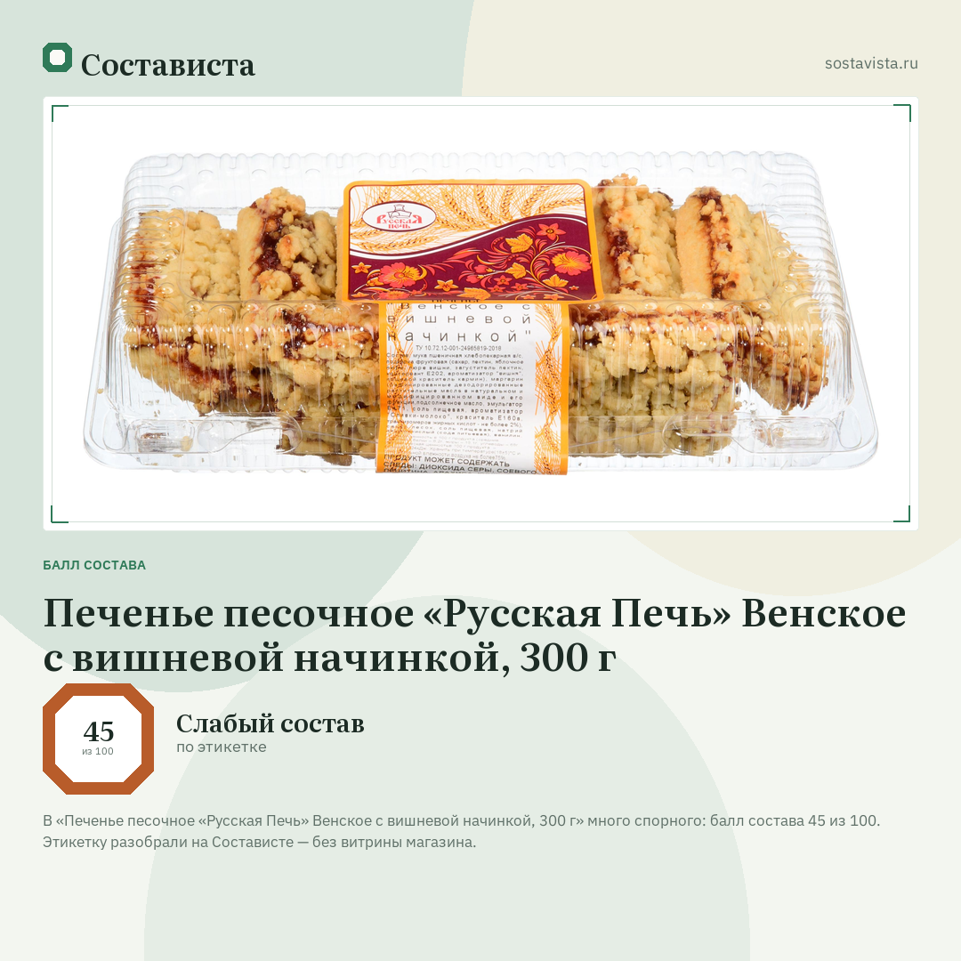 Печенье песочное «Русская Печь» Венское с вишневой начинкой, 300 г: балл состава 45 из 100 — Состависта