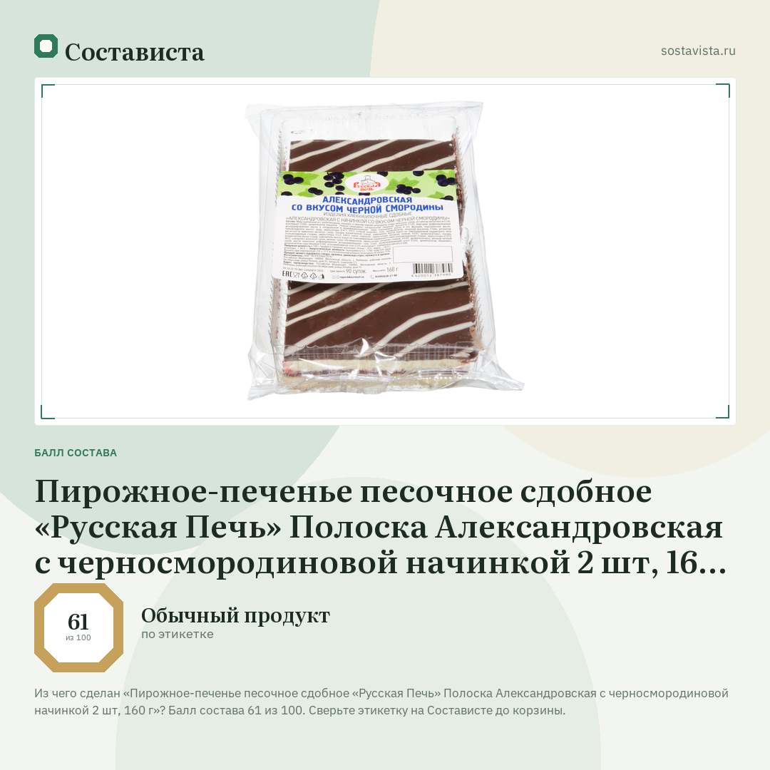 Пирожное-печенье песочное сдобное «Русская Печь» Полоска Александровская с черносмородиновой начинкой 2 шт, 160 г: балл состава 61 из 100 — Состависта